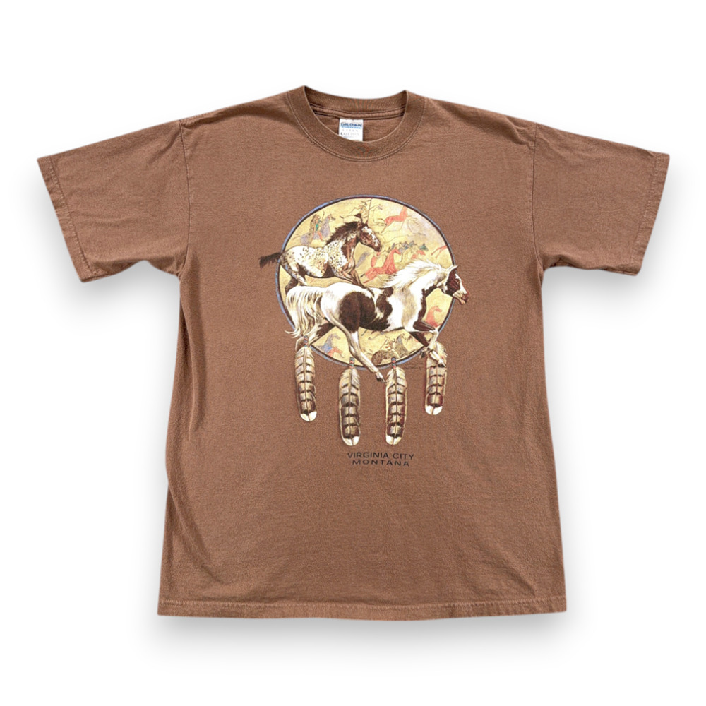 Vintage Horses Shirt Adult MEDIUM Brown Virginia City Montana Dreamcatcher Y2K
